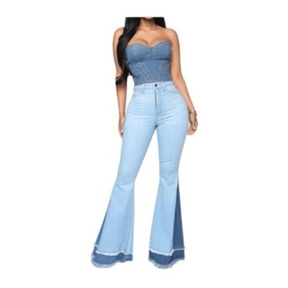 Fashion Nova Only Good Vibes Extreme Bell Bottom Jeans Blue Light Wash Denim 26